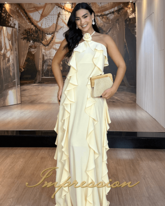 Vestido de Festa Longo Amarelo Manteiga