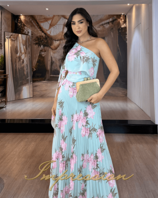 Vestido de Festa Longo Azul Floral
