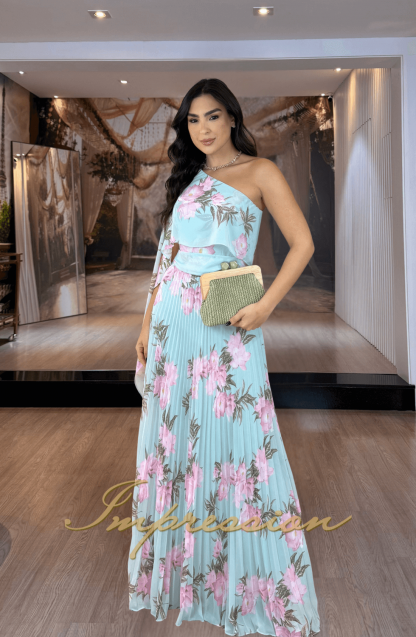 Vestido de Festa Longo Azul Floral