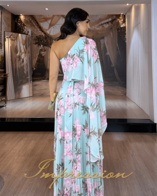 Vestido de Festa Longo Azul Floral