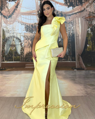 Vestido de Festa Longo Amarelo Manteiga em Zibeline